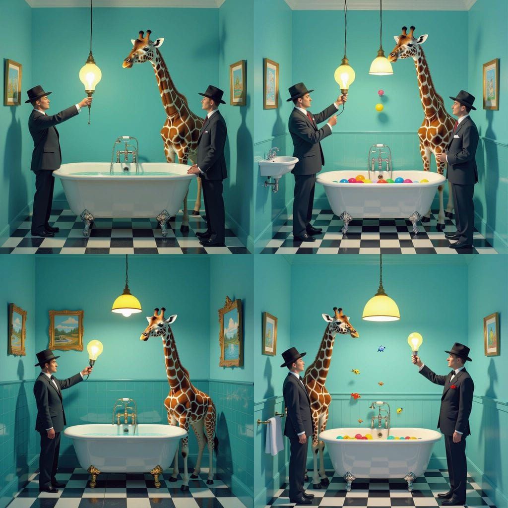 Surreal Lightbulb Change with Giraffe and Bathtub