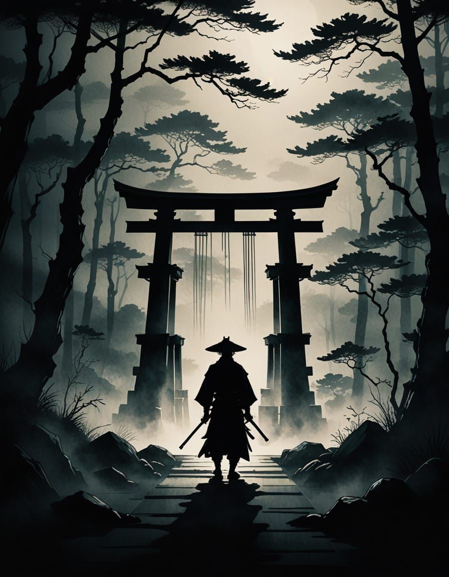 Samurai Silhouette at Torii Gates in Japanese Ink Style
