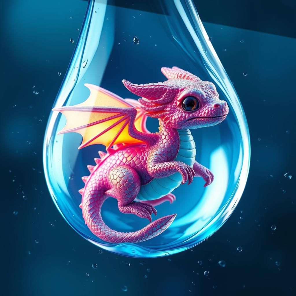 Iridescent Dragon in Raindrop, as 3D Rendered Art