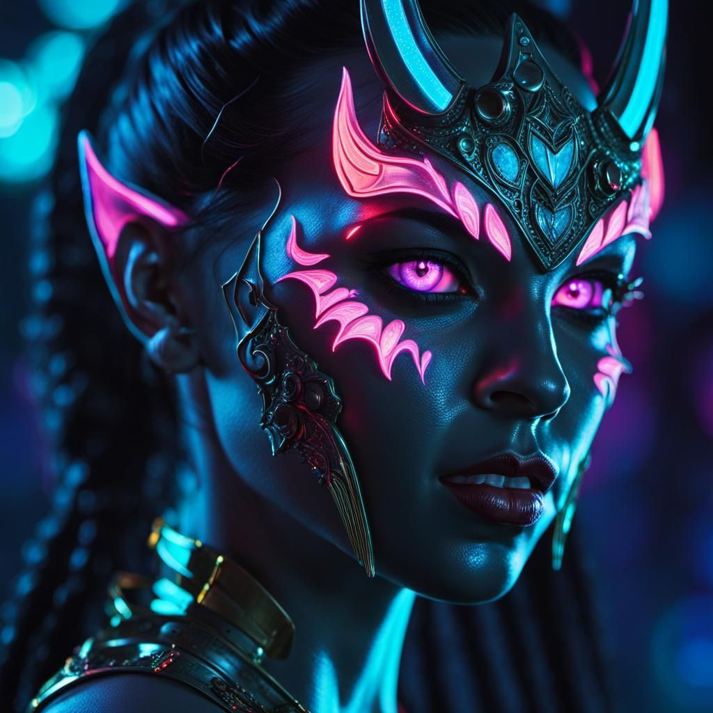 Woman Demon Silhouette in Cyberpunk Style