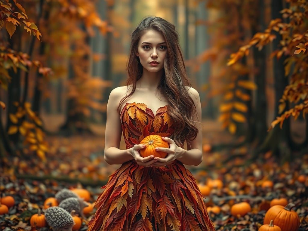 Majestic Autumn Goddess in Whimsical Forest Landscape