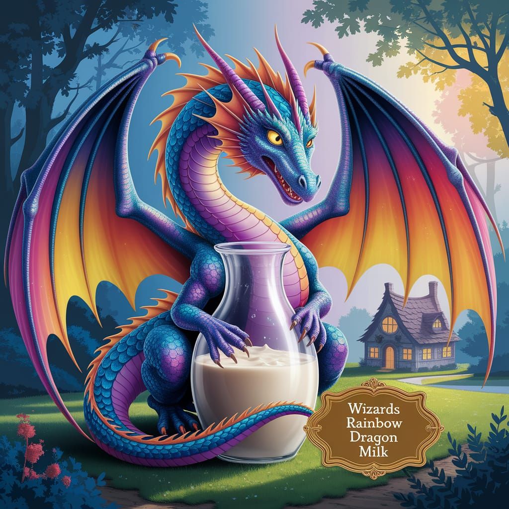 Rainbow Dragon Guarding Wizard's Milk in Enchanted Forest