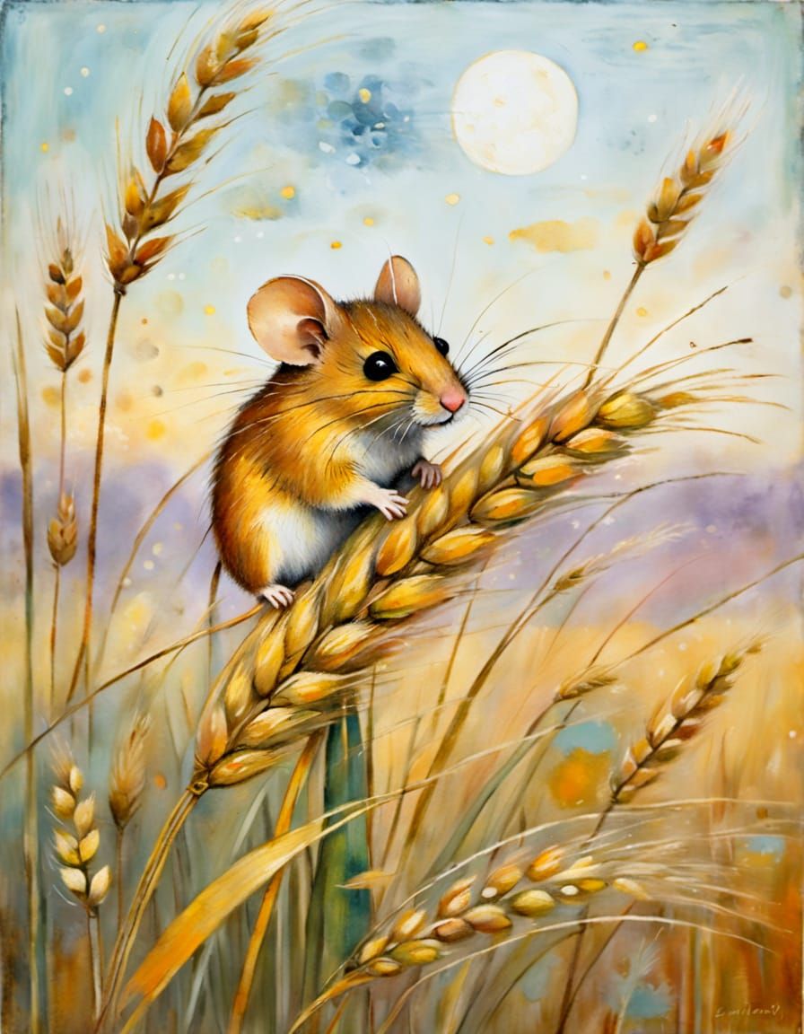 Adorable Harvest Mouse on Wheat Ear in Neo-Impressionist Sty...