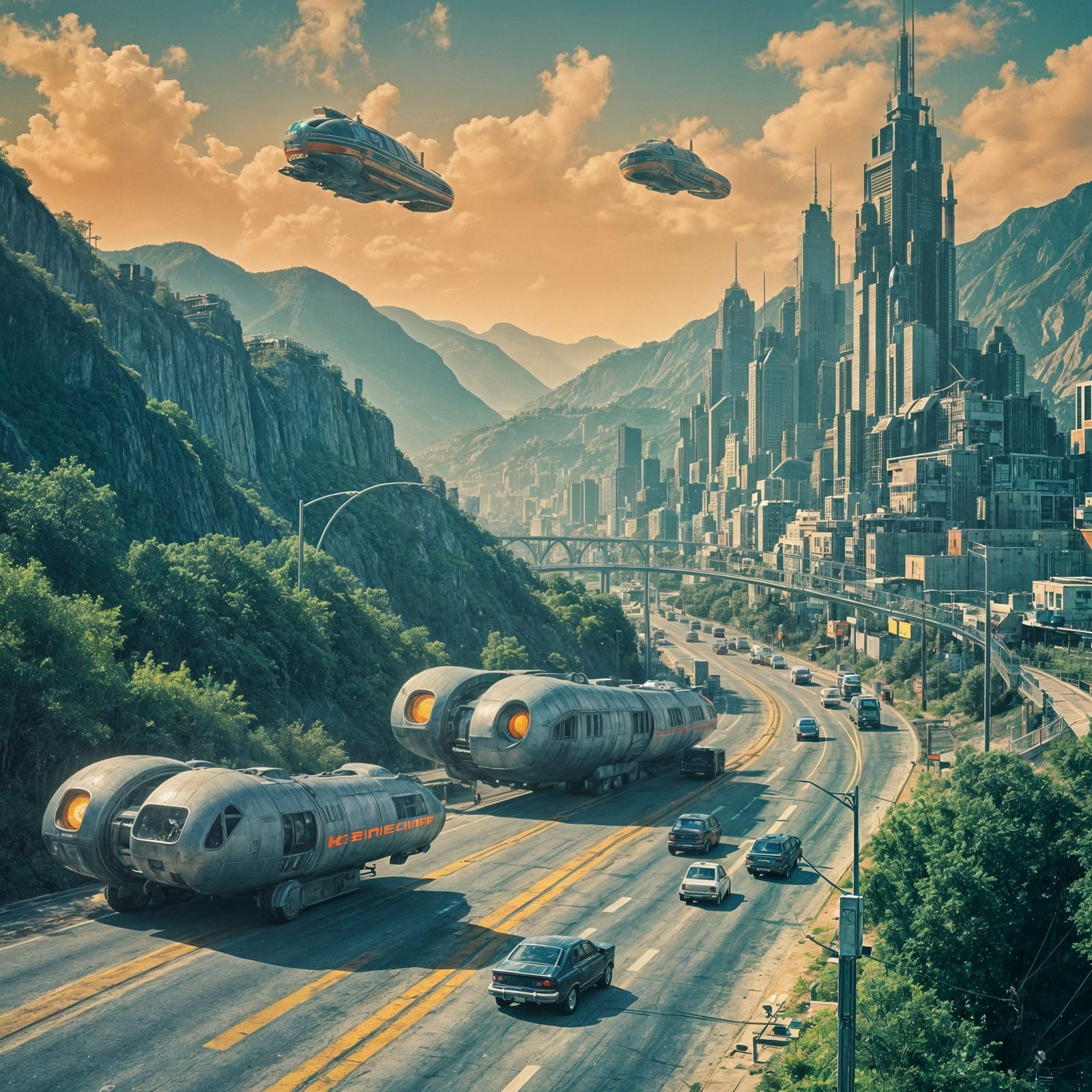 Retrofuturistic Sci-Fi Metropolis with Hovercars