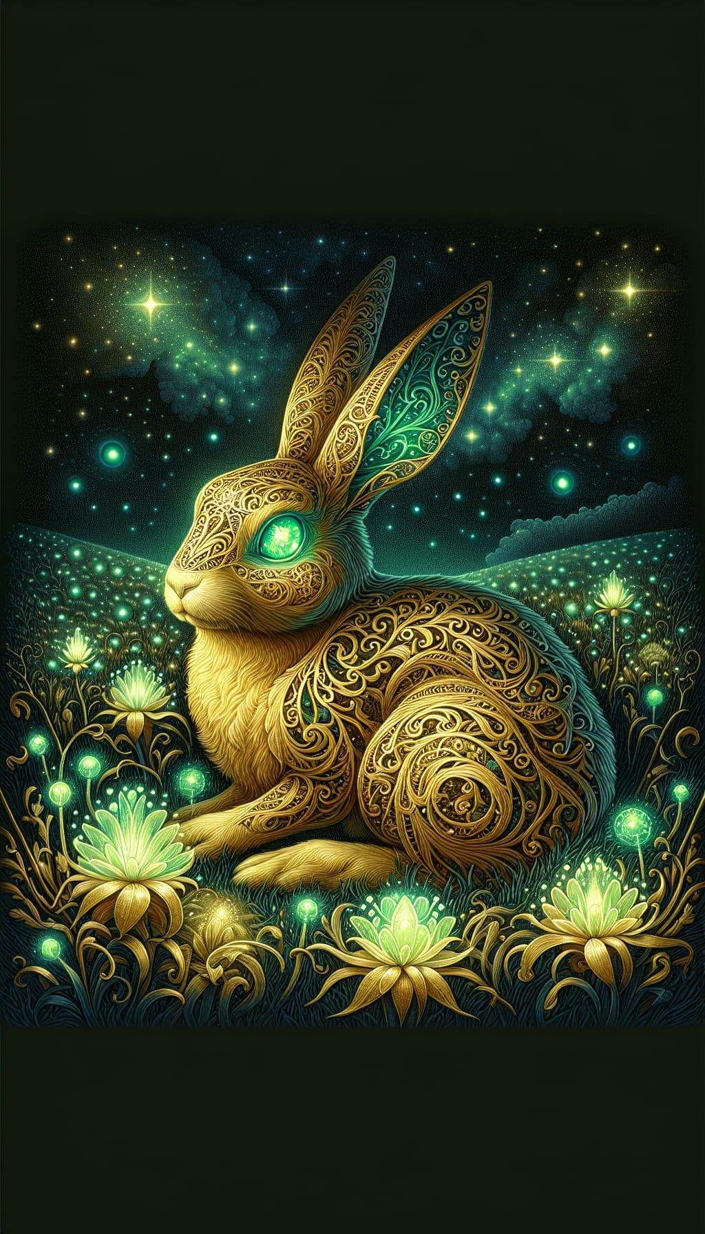Golden Rabbit in Bioluminescent Field Under Starry Sky
