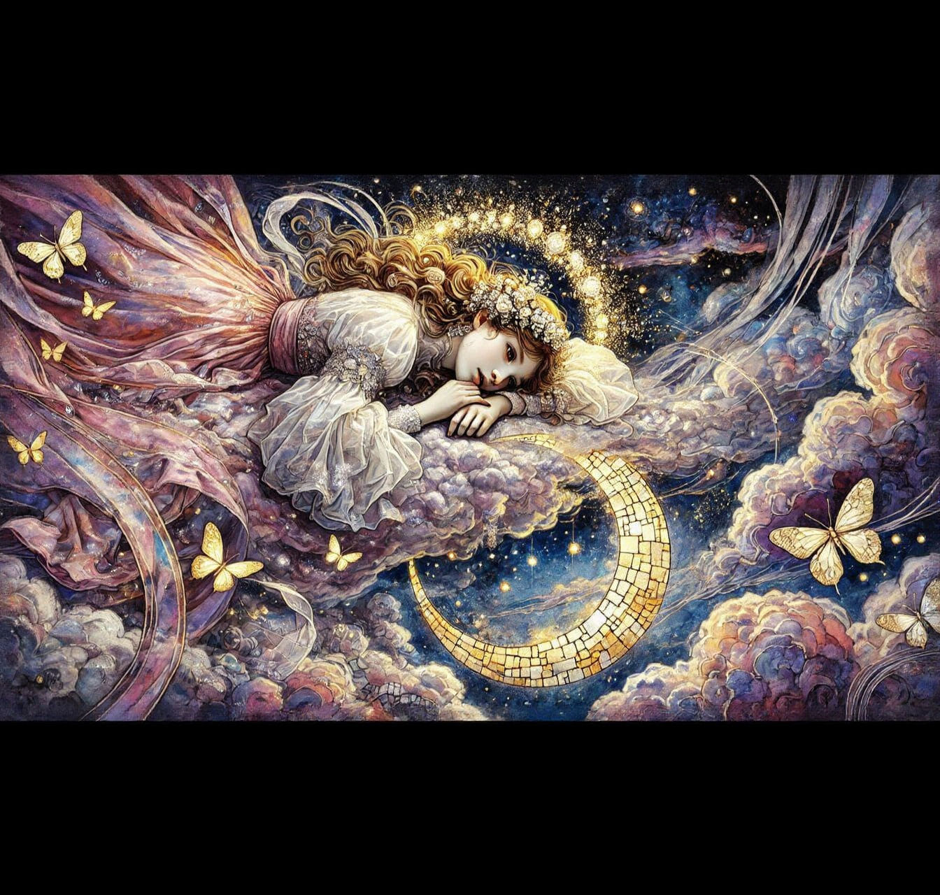 Ethereal Woman on Cloud in Watercolor Style