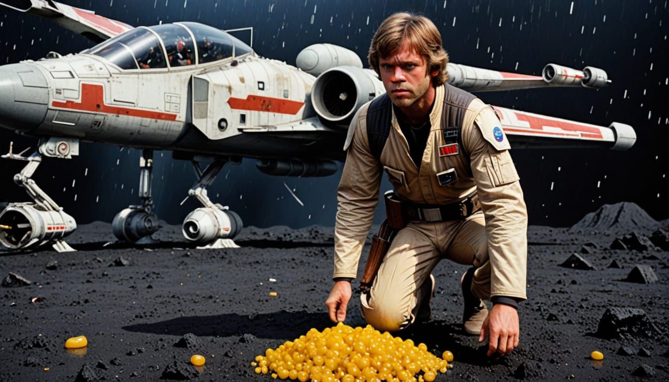 Luke Skywalker in Jedi Gear Stands Beside an X-wing
