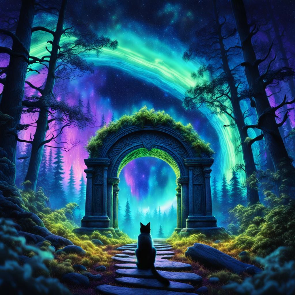 Mystical Portal in Forest of Wildcats: Cosmic Surrealism