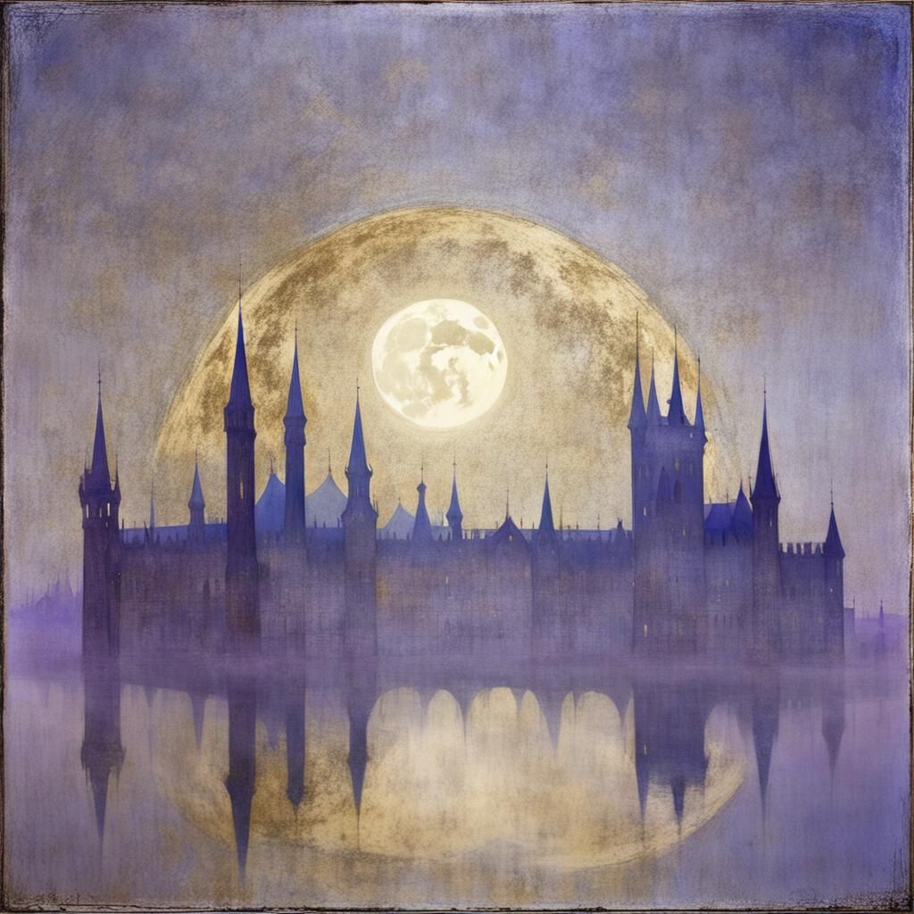 Golden Sun and Silver Moon Surreal Cityscape