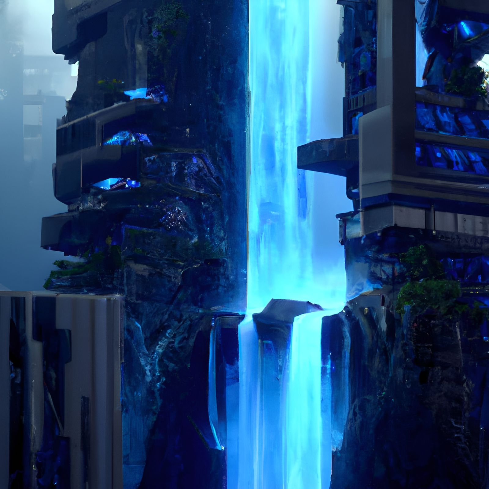 Cyberpunk Skyscraper with Waterfall in Solarpunk Style
