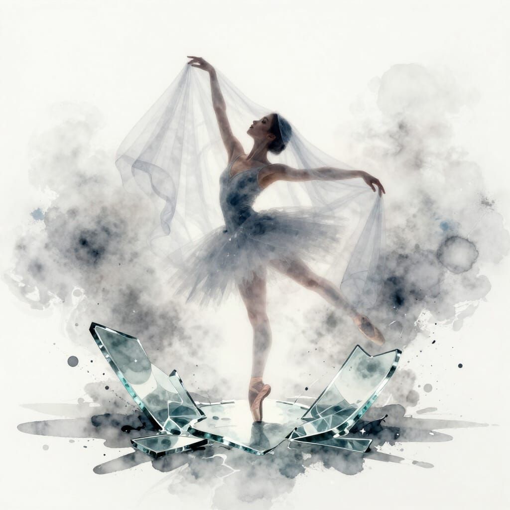 Ghostly Ballerina Dancing in Mist and Spotlight