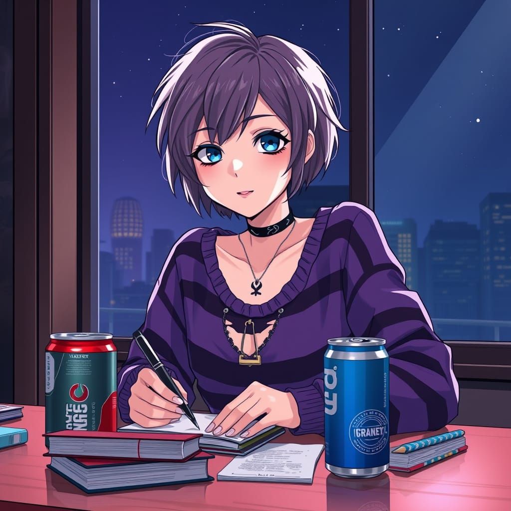 Anime Style Emo Woman Writing at Night