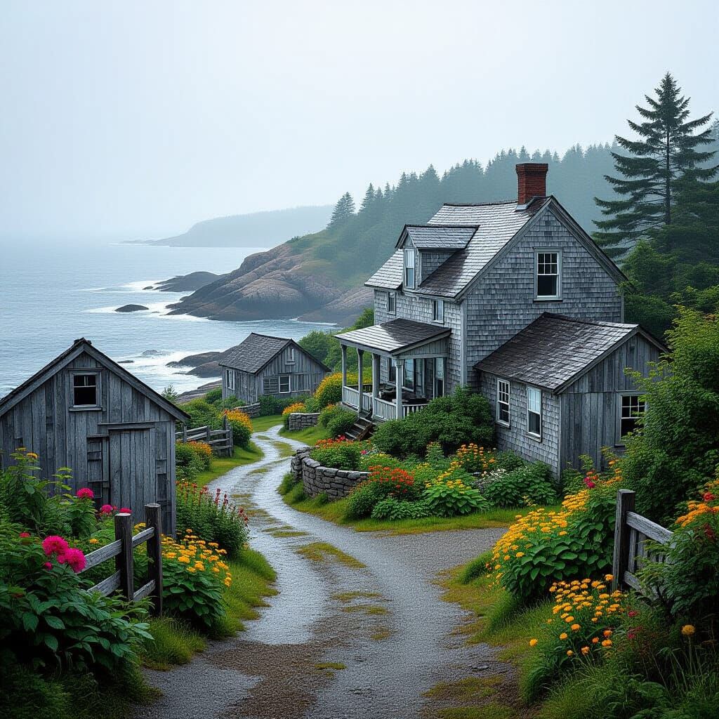 Maine Coast House in Wyeth Style on Foggy Day