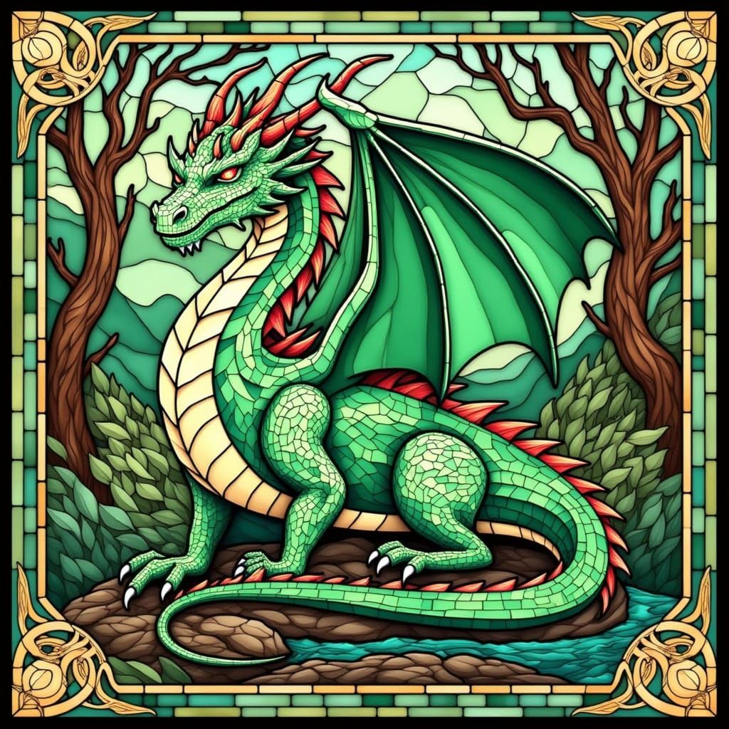 Vibrant Green Stained Glass Dragon in Celtic-Inspired Mosaic...