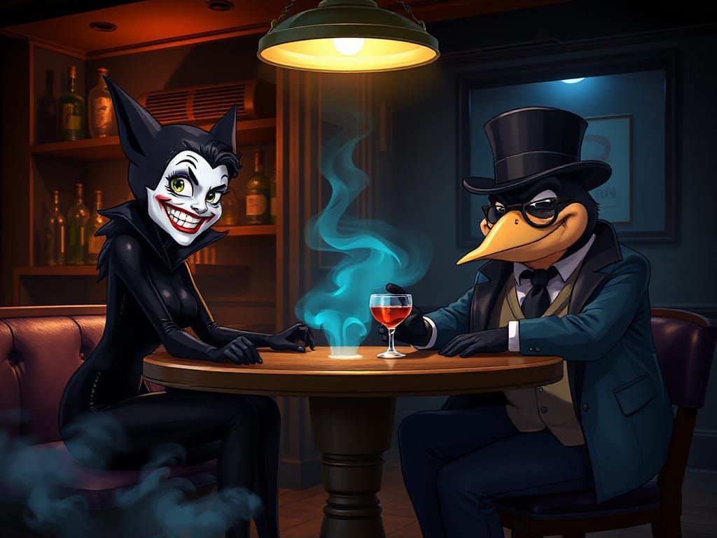 Catwoman, Joker, and Penguin in Noir Cartoon Style