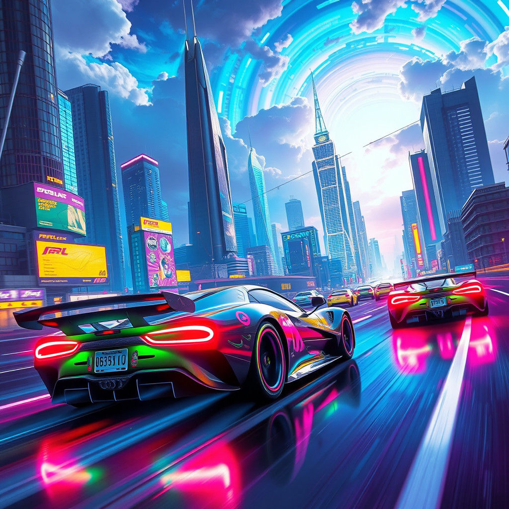 Neon Race Cars in Futuristic Cityscape