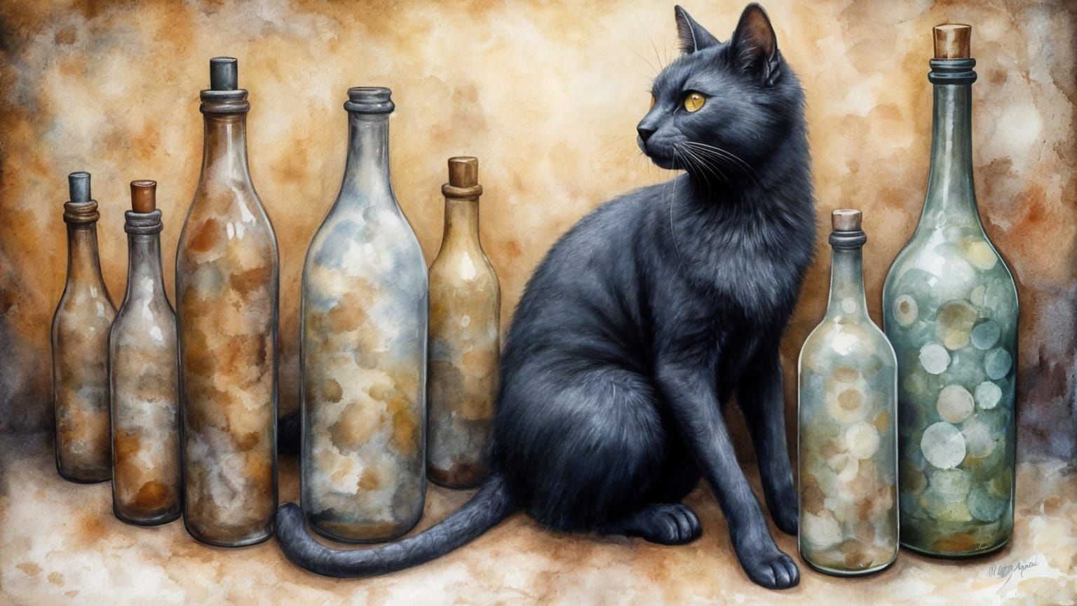 Whimsical Cats and Bottles in a Dreamy Artistic Setting