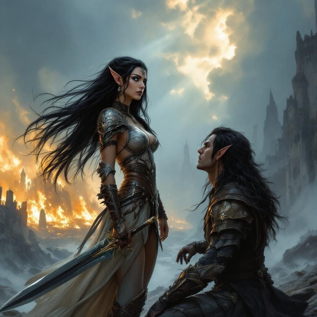 Victorious Elf Maiden in Burning Cityscape