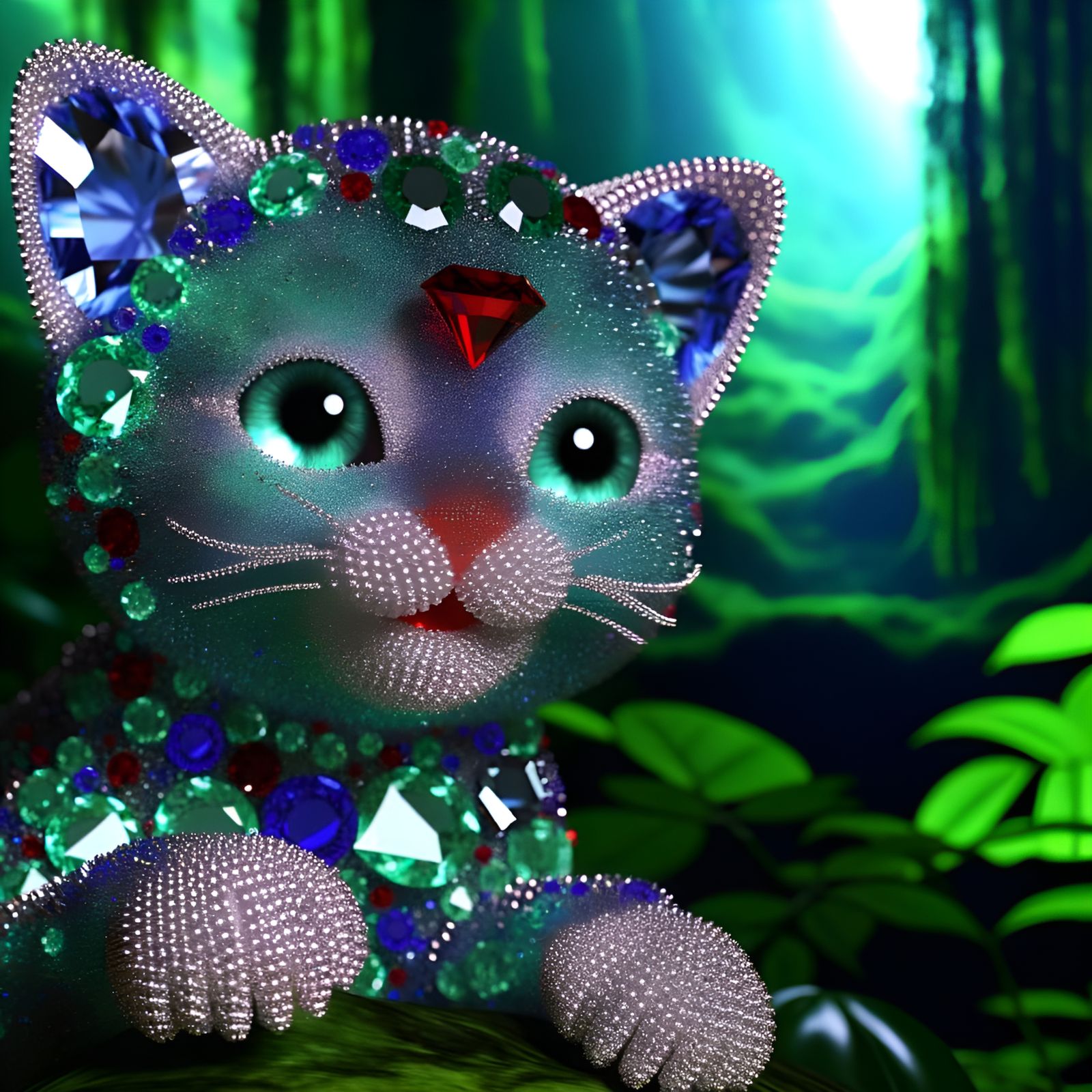 Diamond Ruby Kitten in Emerald Jungle: 3D Render