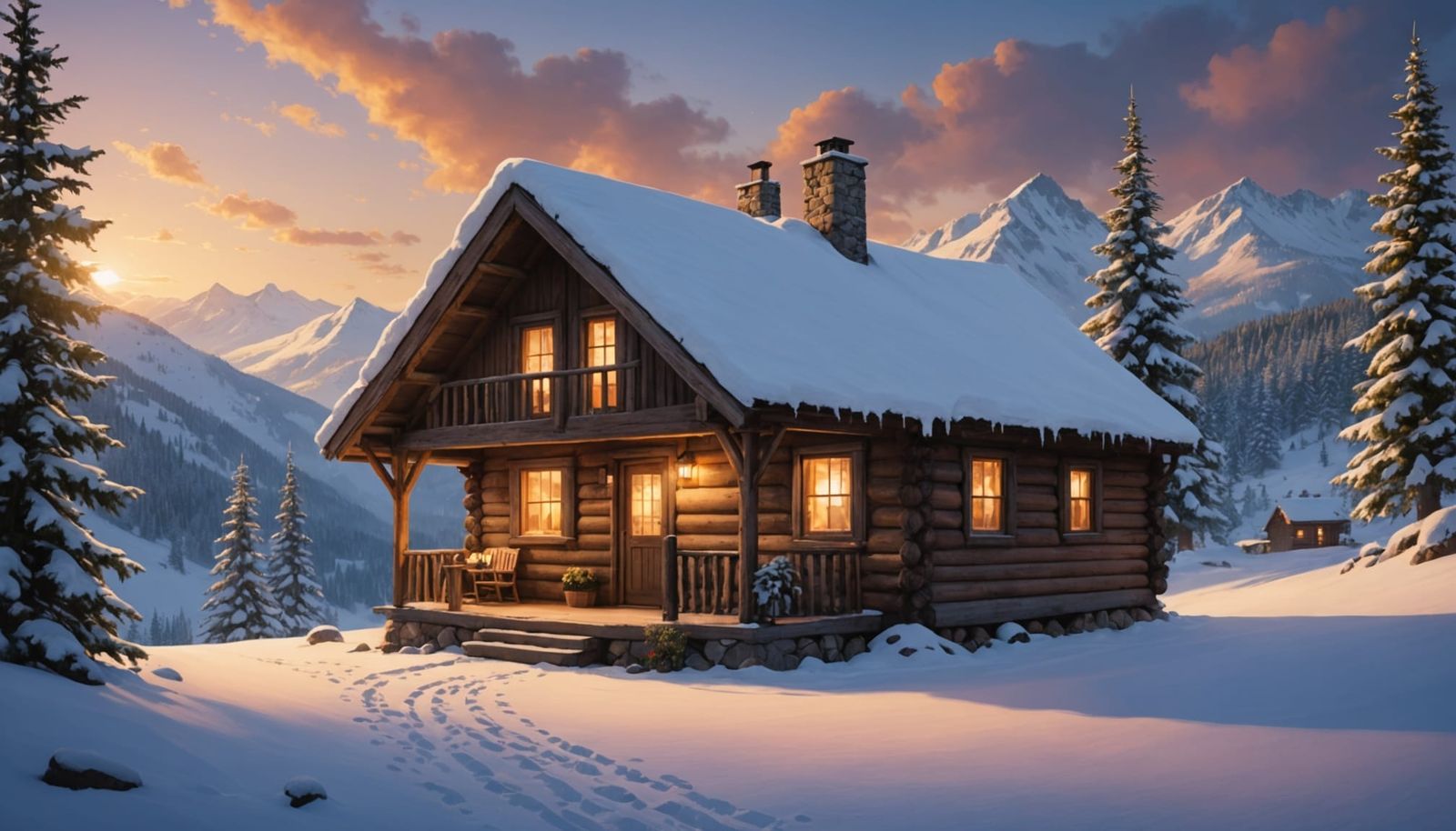 Cozy Winter Cabin in Snowy Alps Digital Painting