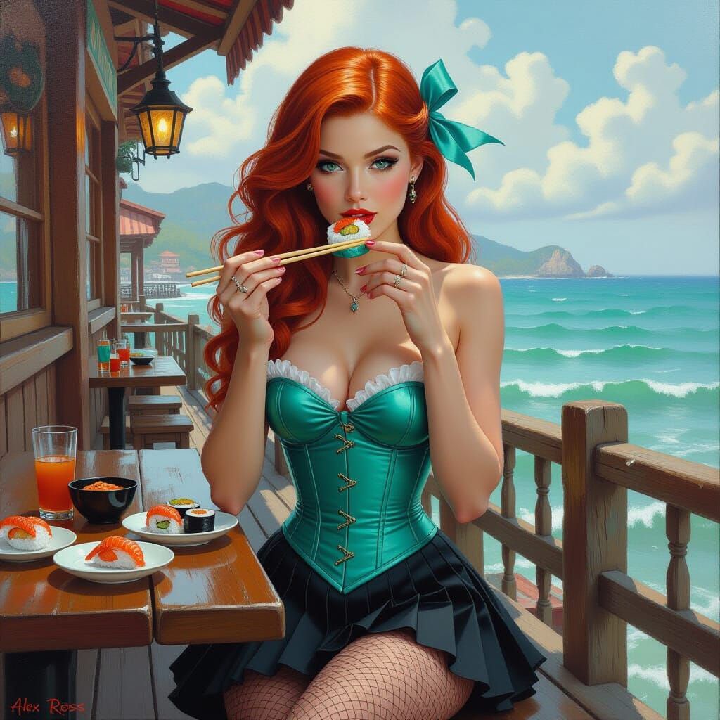 Ariel Enjoys Sushi at Seaside Restaurant Oil Painting