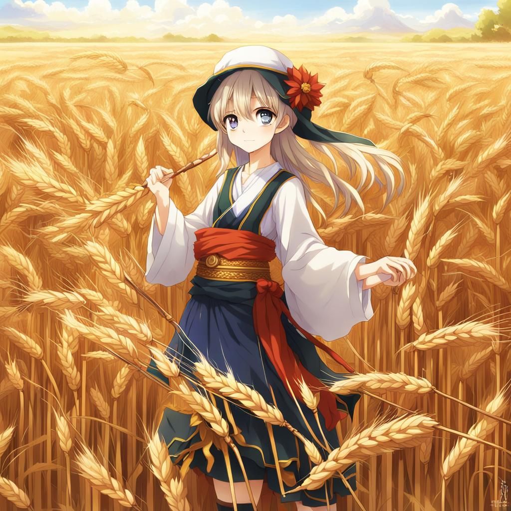Anime Harvest Goddess in Wheat Field