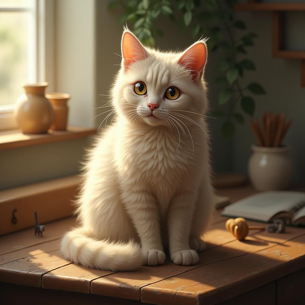 Cozy Cat on Table, Dreamy Realism Style