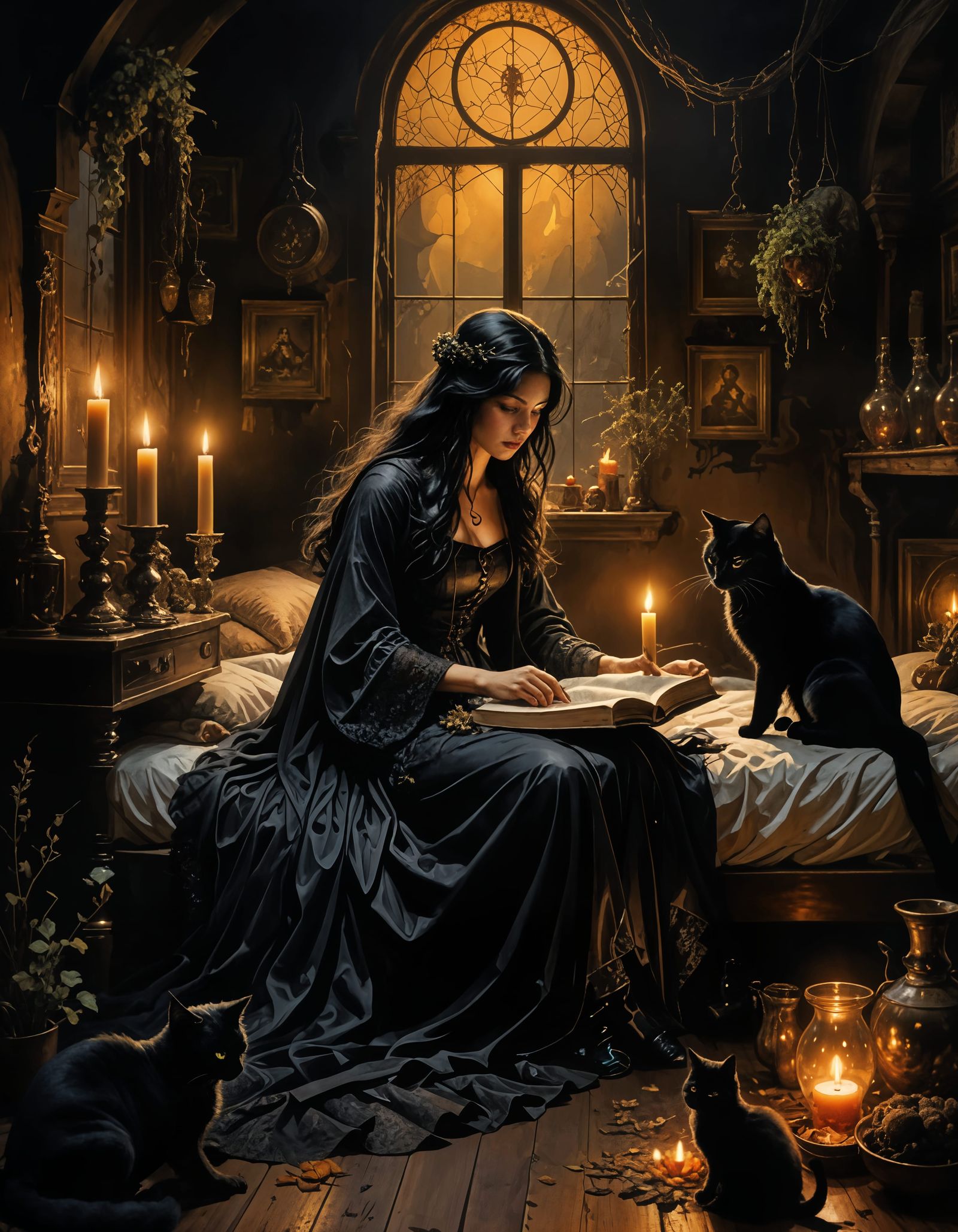 Surrealistic Oil Painting of a Witch in a Hauntingly Luxurio...