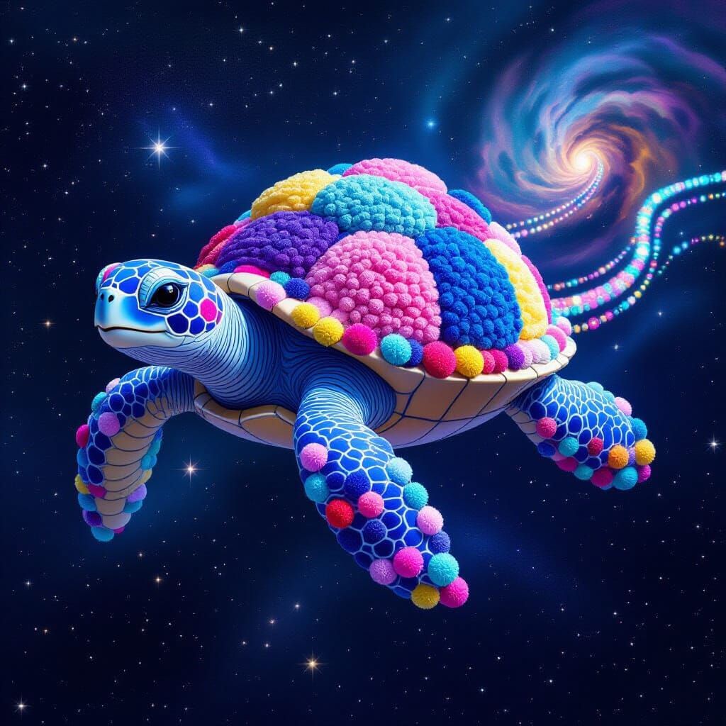 Whimsical Space Turtle Made of Pom Poms
