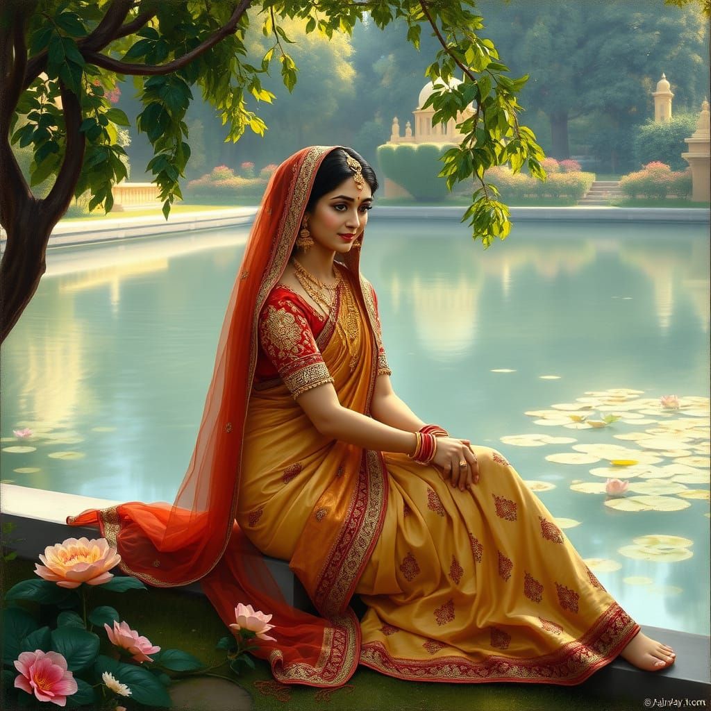 Serene Indian Princess in Majestic Palace Garden Pose