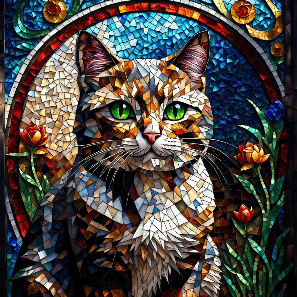 Mosaic Cat in Stained Glass Style