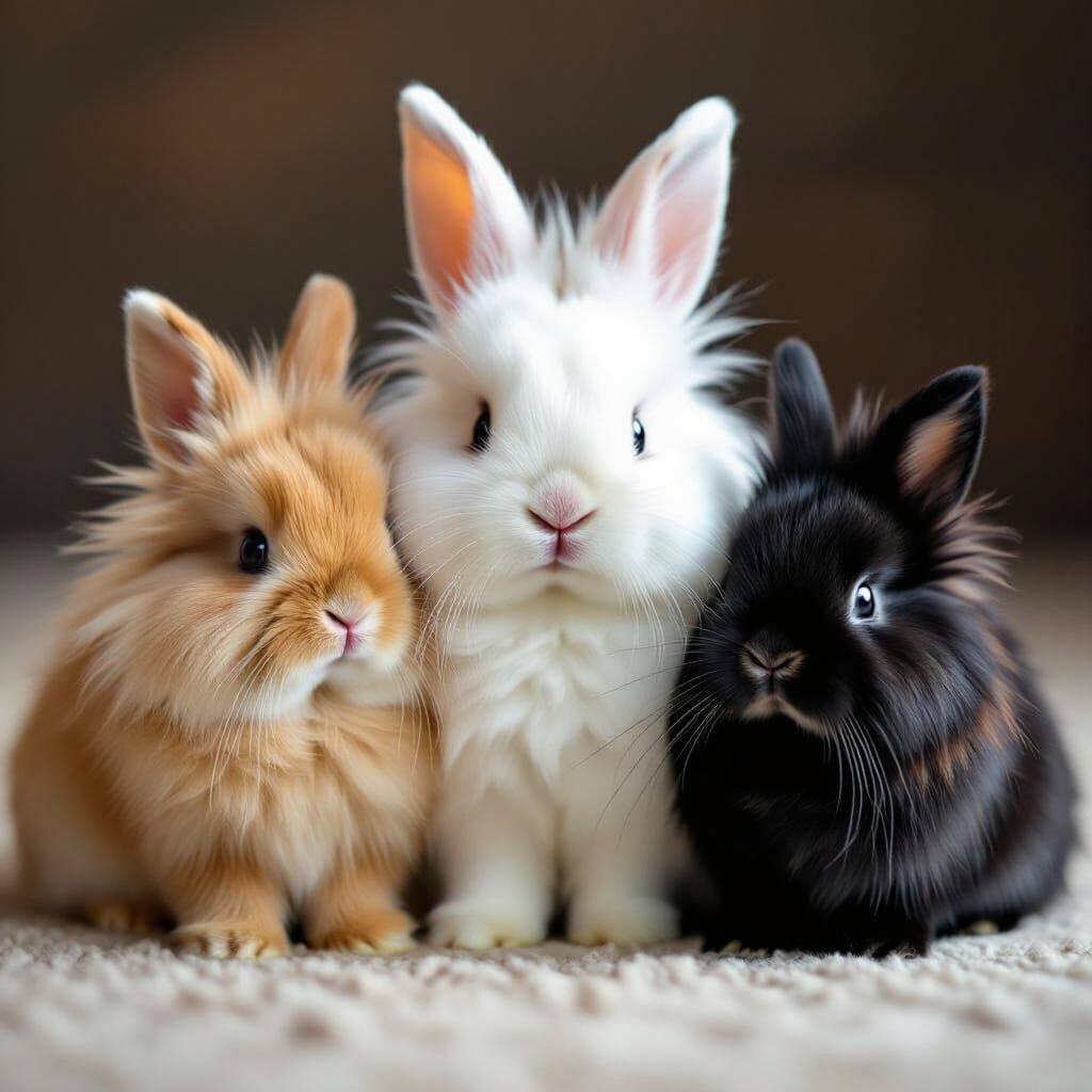 Three Lionhead Rabbits in Realistic Indoor Portrait