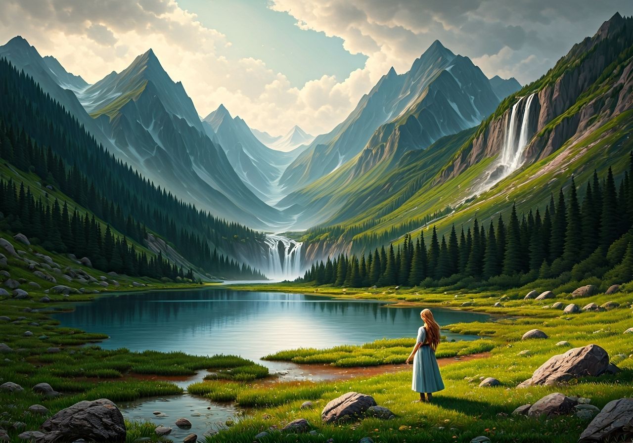 Serene Woman in Mountainous Wetlands Landscape