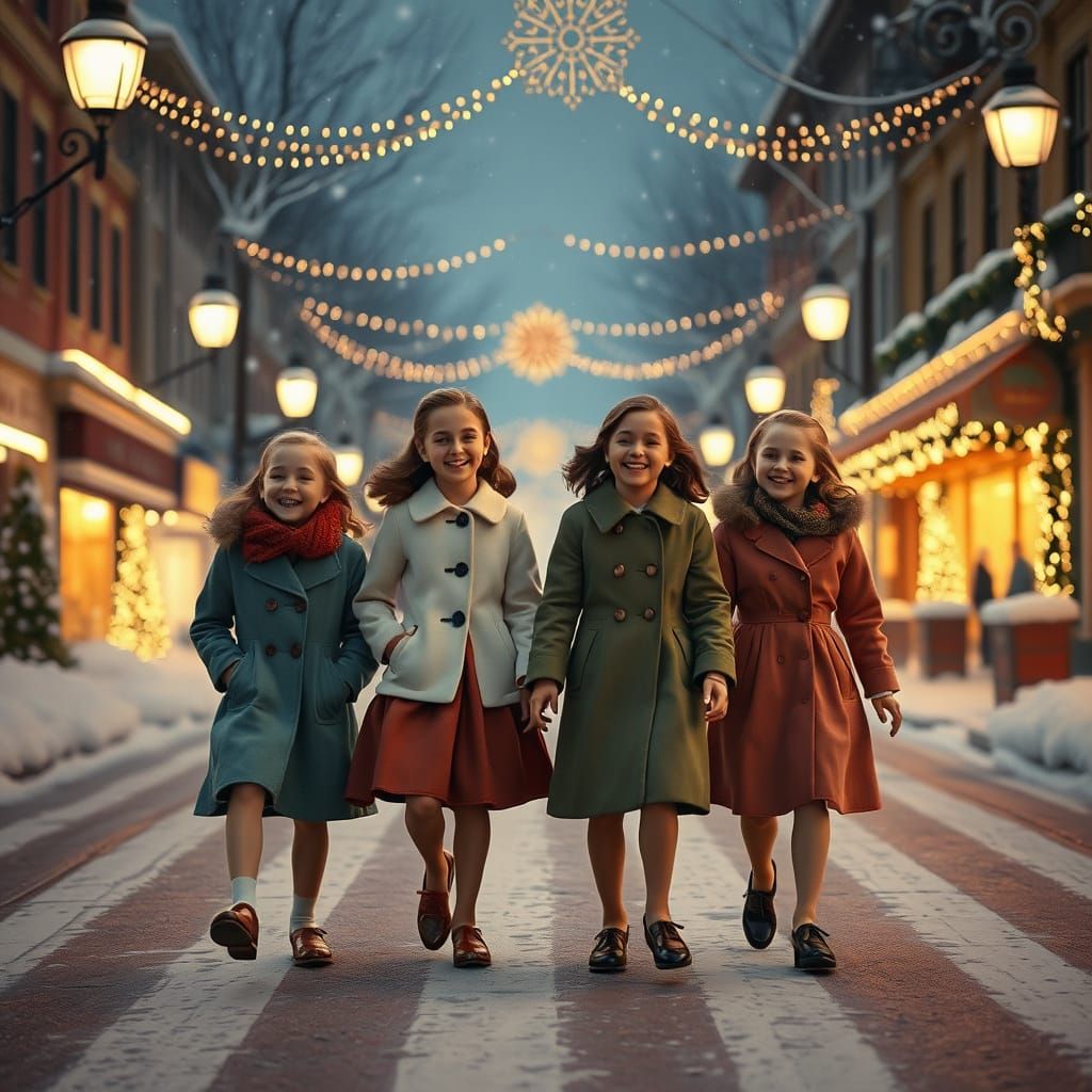 1950s Girls Laughing on Snowy Christmas Street