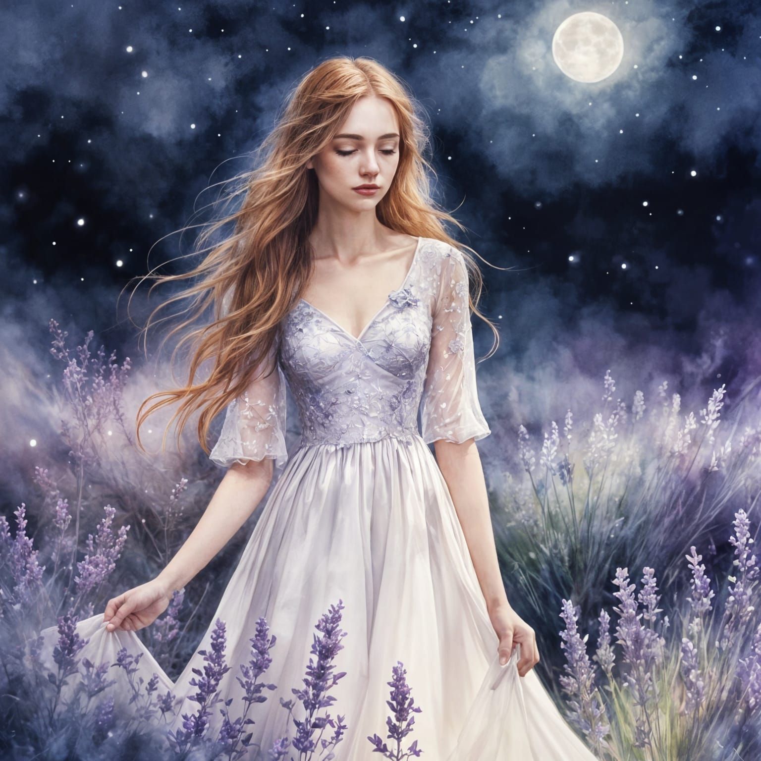 Ethereal Lavender Field Scene in Watercolor Style