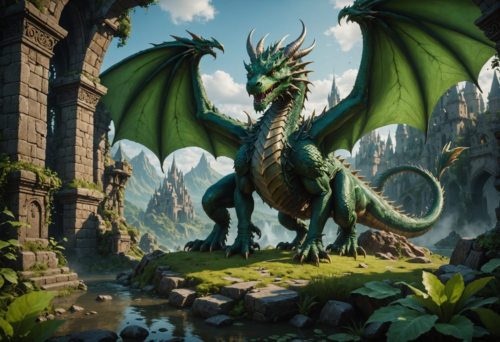 Green Fantasy Dragon in Detailed Matte Painting