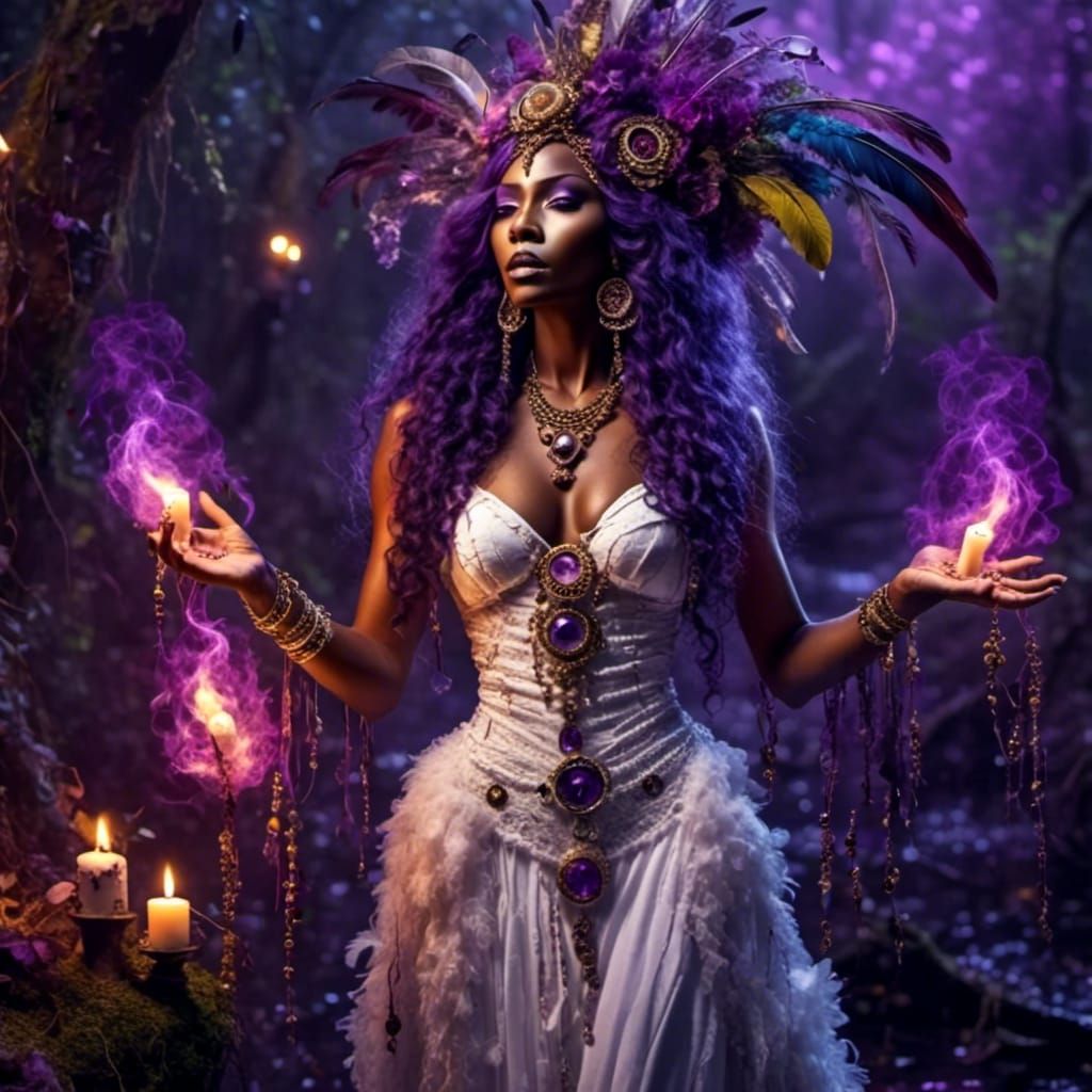 Voodoo Priestess Casting Magic in Bayou