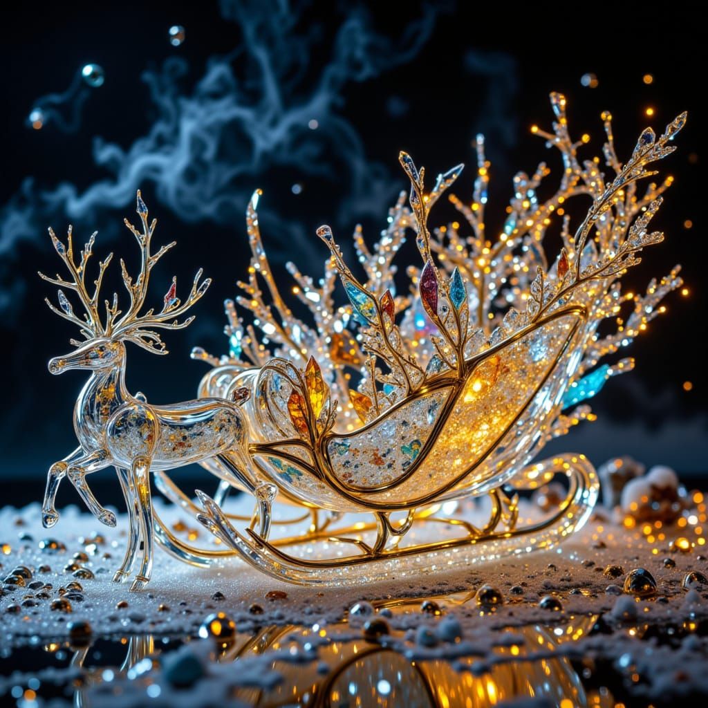 Crystal Glass Santa Sleigh with Flying Reindeer Sculpture