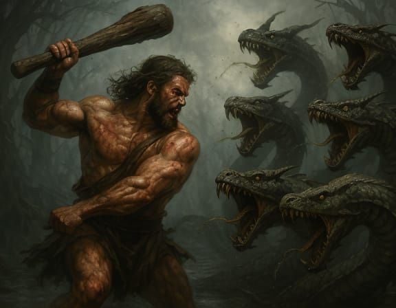 Hercules Battles Hydra in Dark Swamp: Digital Art