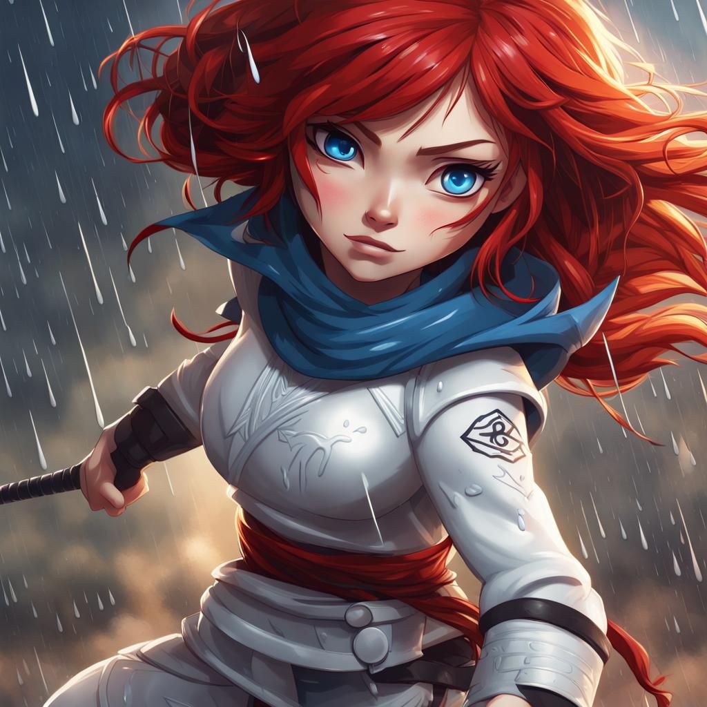 Ninja Woman in Rain, Chibi Pixar Style