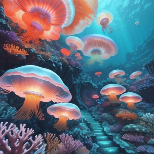 Underwater Village with Glowing Jellyfish Lanterns