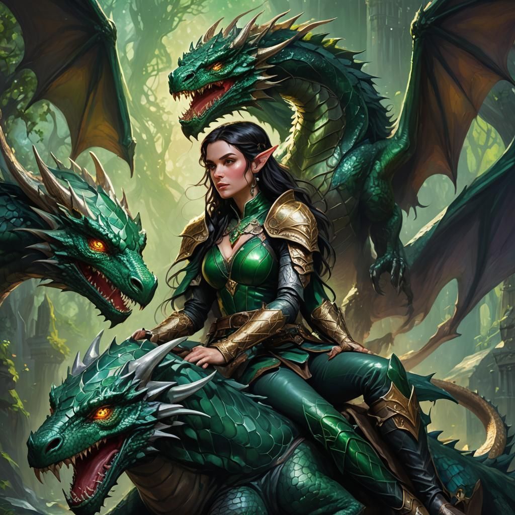 Elven Rogue on Emerald Dragon: Dark Fantasy Oil Painting