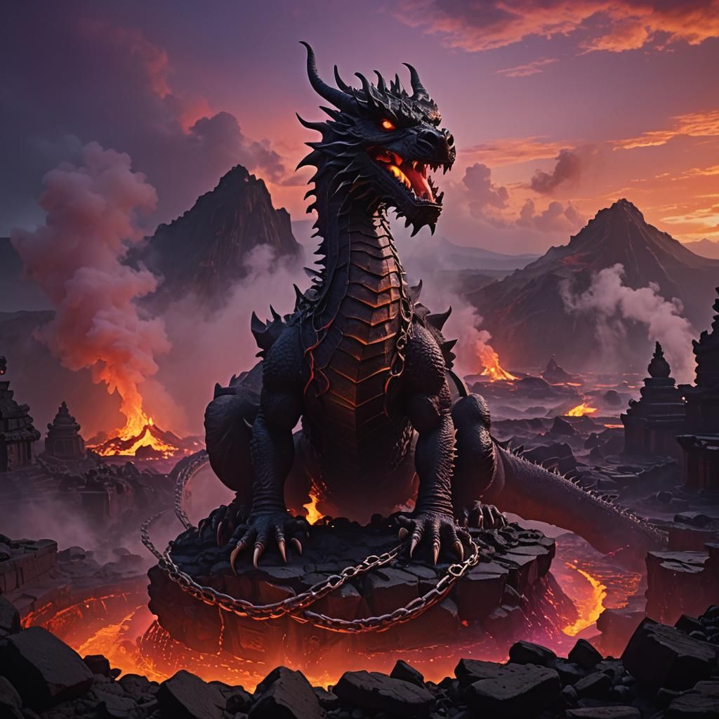 Dragon Chained Above Lava Pit in Temple
