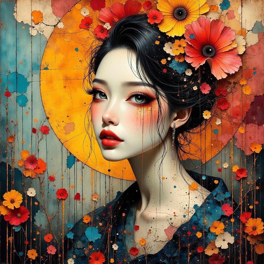 Stylized Geisha Portrait in Abstract Mixed-Media Style