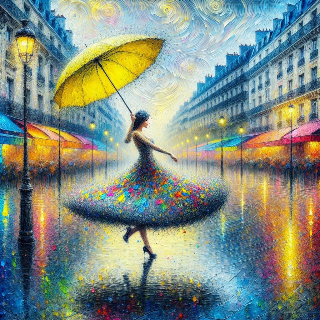 Woman Dancing in Colorful Rain, Neo-Impressionist Style