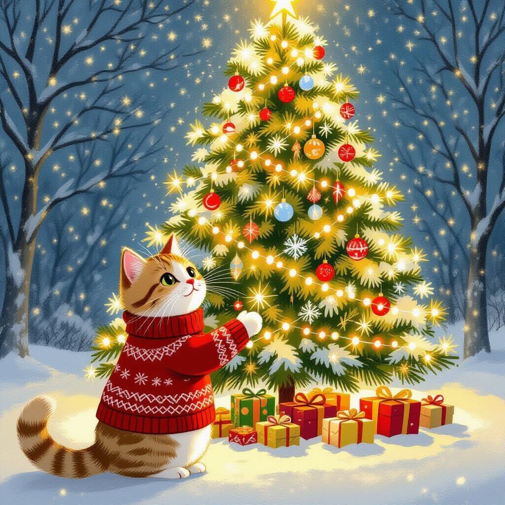 Cozy Cat Before Illuminated Christmas Tree