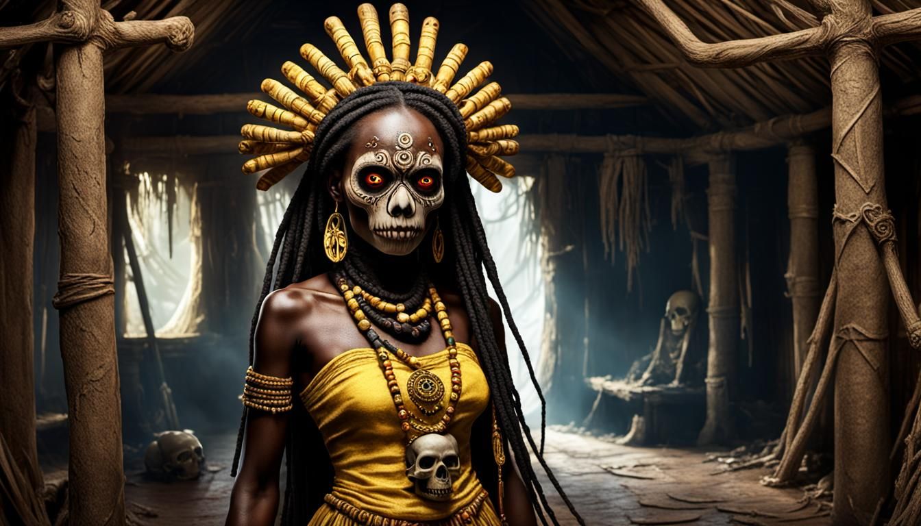 A voodoo priestess in a creepy hut