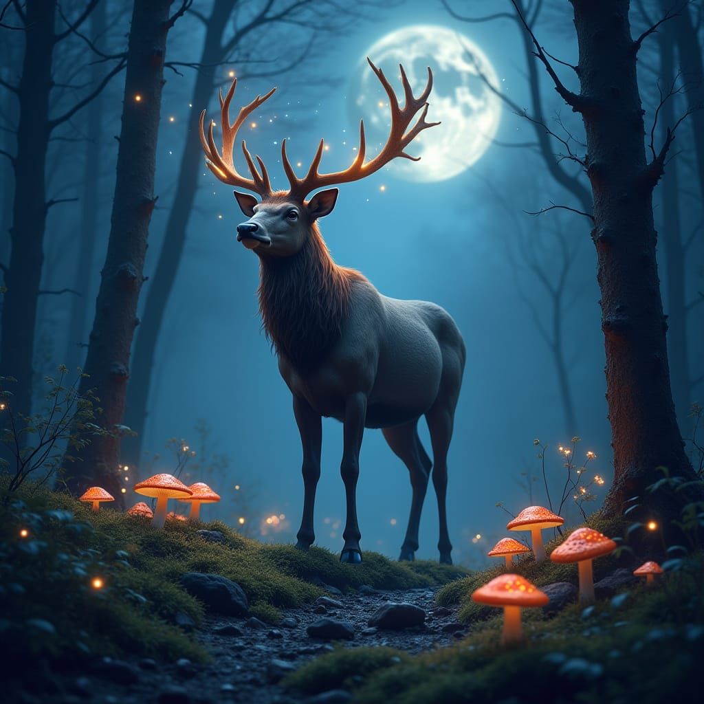 Stag with Firefly Antlers in Moonlit Forest