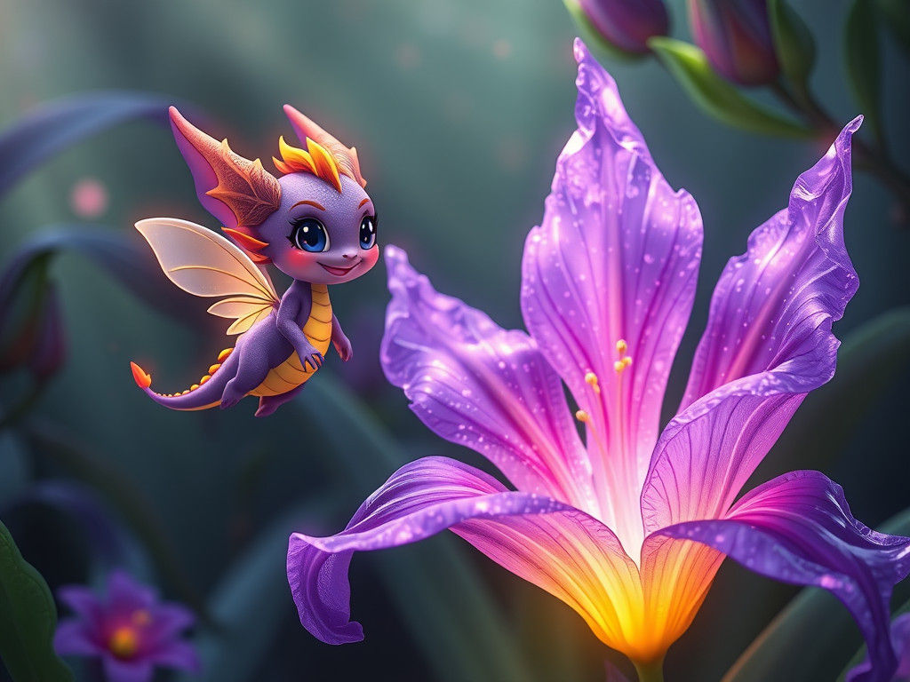 Bioluminescent Dragon-Fairy and Crystalline Daylily in Chibi...