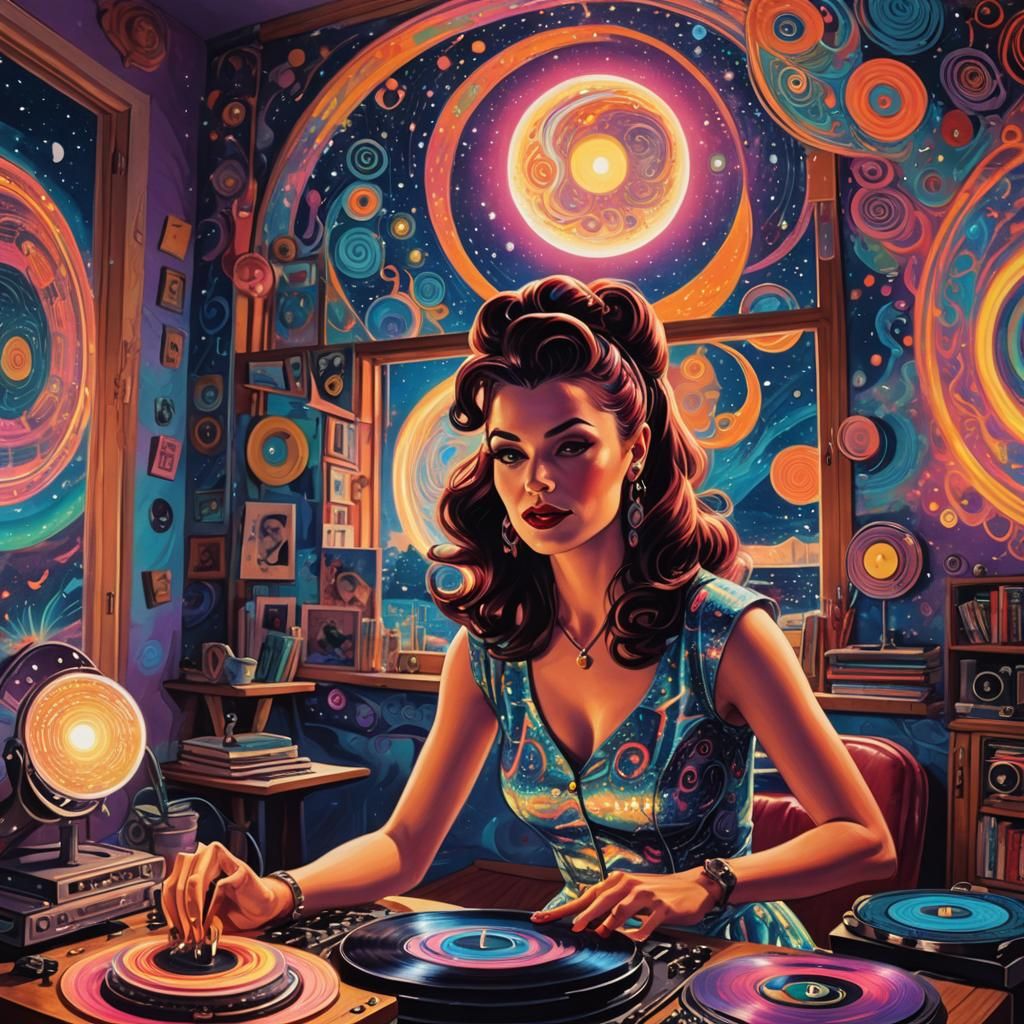 Rockabilly Girl's Cosmic Bedroom: Holographic Astral Illustr...